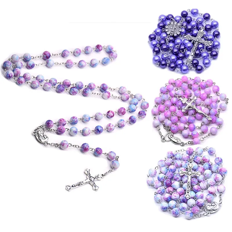 

3 Styles Fashion Handmade Purple Rosary Cross Pendant Necklace Christian Catholic Virgin Glass Chains Beads Jewelry Gifts