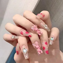 

24pcs Full Cover Rhinestone Long Ballet False Nails with Design Rabbit Natural Coffin Press on Artificial Nail Art Tip with Glue