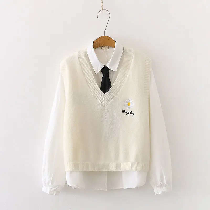 Свитер женский трикотажный без рукавов с V-образным вырезом и цветочной вышивкой