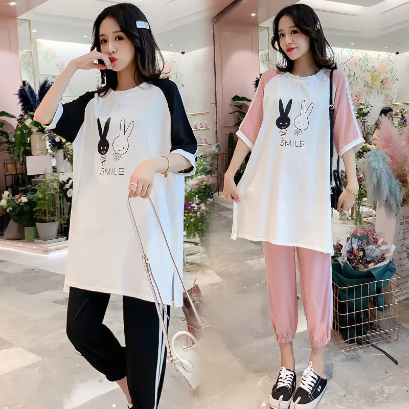

2019 Summer Wear New Style Large Size Korean-style Fashion Pregnant Women Set Cartoon Rabbit Pattern Tops Capri Maternity Pants