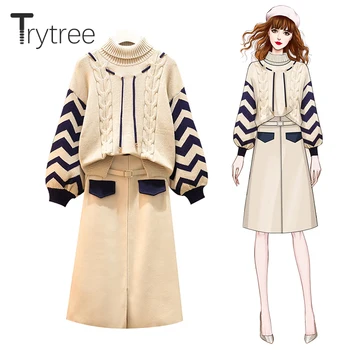 

Trytree Autumn Winter Two piece set Casual Turtleneck Drawstring Loose Top + Skirt Belt Office Lady Fashion Set 2 Piece Set