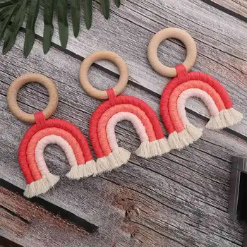 

1 Pc Rainbow Tassel Wooden Boho Baby Teether Stick Baby Teething Ring Stroller Gift Decoration Toys Shower Gift Baby Teething
