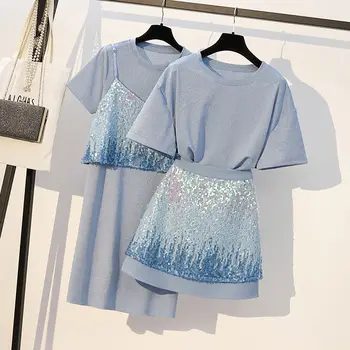 

Women New 2020 Summer Fashion Elegant 2 Pcs Set Female O-neck Short Sleeve Top + High Waist Skirt Casual Chic Sequins Sets L294
