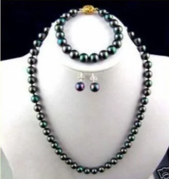 

Women Gift word Love real 8-9MM PERFECT TAHITIAN BLACK PEACOCK GREEN PEARL NECKLACE BRACELET EARRING