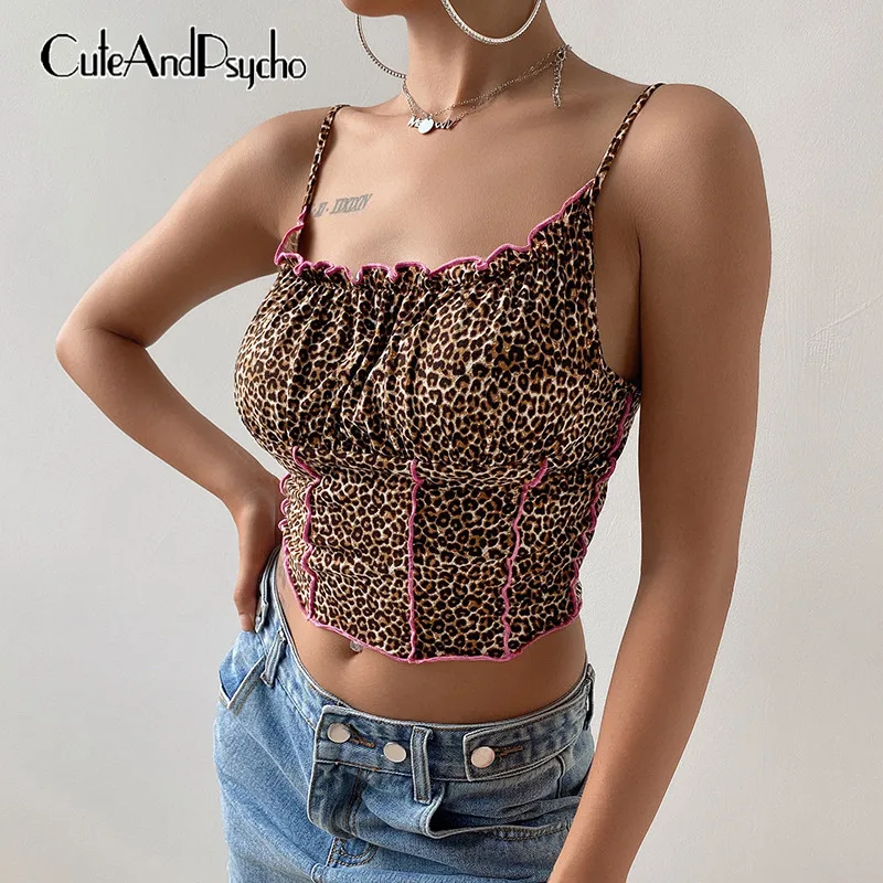 Leopard Printed Women's Summer y2k Backless Tops Ruched Sleeveless Cropped Tops Clubwear Short Sexy 90s Camiole Cuteandpsycho Leopard Printed Women's Summer y2k Backless Tops Ruched Sleeveless Cropped Tops Clubwear Short Sexy 90s Camiole Cuteandpsycho