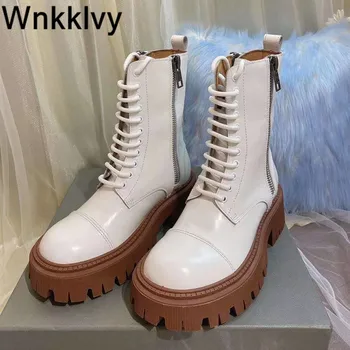 

Platform Martin boots winter thick bottom real leather ankle boots women round toe lace up short botas 2020 runway design shoes