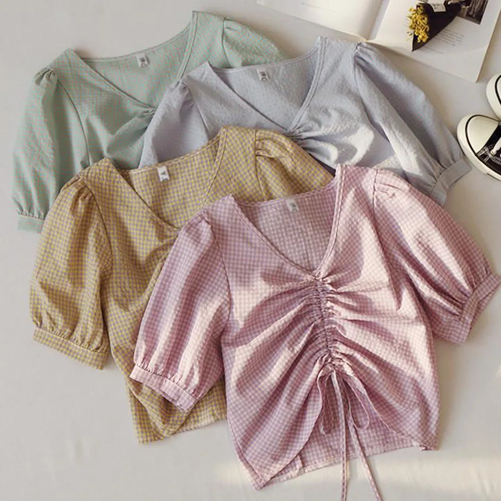 2020 Women Puff Sleeve Drawstring Small Plaid V-Neck Shirt Korean Chic Ladies Smock Ruched Short Blouses Femininas Tops |