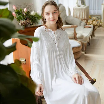 

Autumn Sweet Princess Sleepwear Dress Women Vintage Cozy Cotton Pajamas Dress Loose Plus Size Lace Long Night Gowns