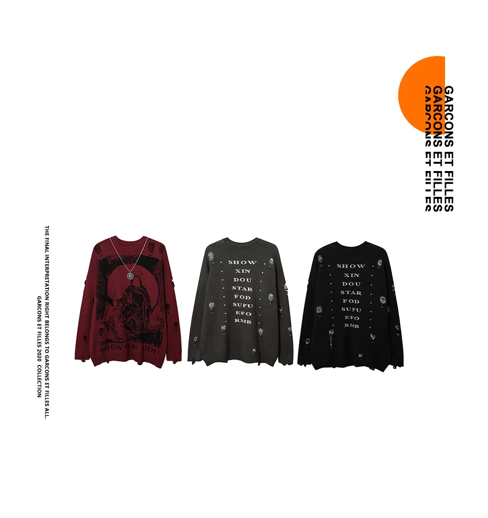 Send Necklace Ripped Oversize Sweaters Frayed Knitted Long Sleeve Top Harajuku Streetwear Pullovers Y2k Gothic Men Women Sweater half sweater for men