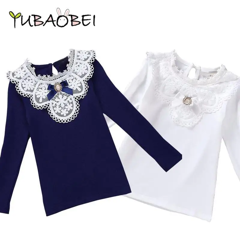 Baby Girls Blouse Spring Autumn Children Clothes School White Cotton Long Sleeve Lace Shirt Kids Solid Tops Costume 3-10 Ye