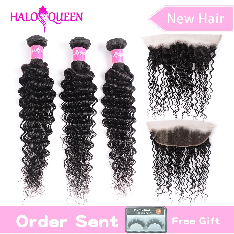 

HALOQUEEN Human Hair Deep 3 Bundles With 13*4 Frontal Ear to Ear Peruvian Hair Bundles Natural Color Non Remy Hair Extensions