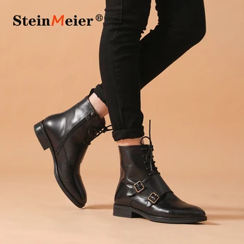 

Women Calfskin Leather Zipper Boots Closure Buckle Motorcycle Lace-Up Ladies Ankle Boots Handmade Monk 2020 Shoes