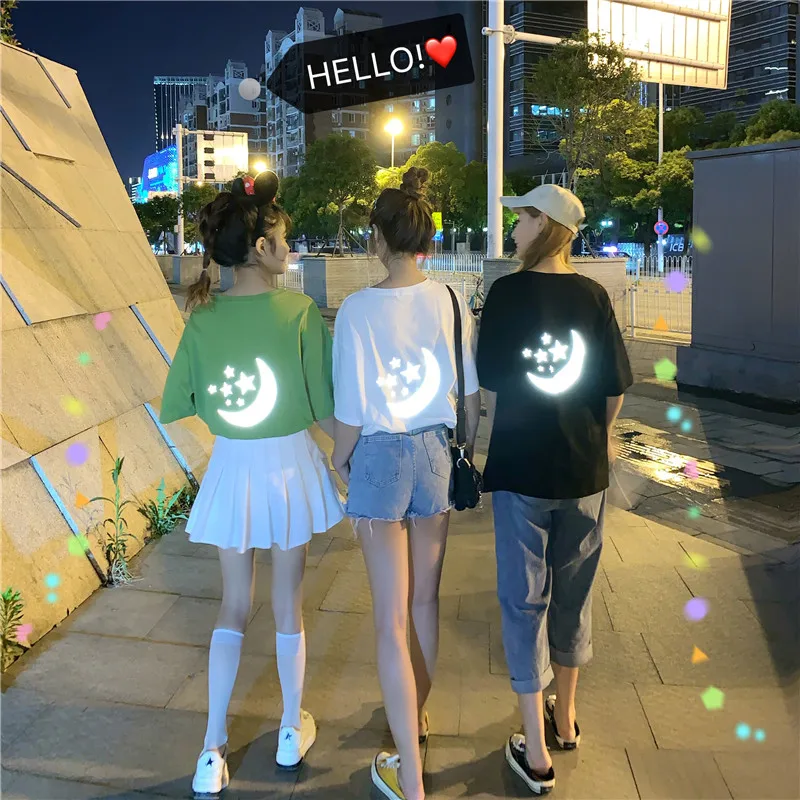 Новинка, женская футболка, светоотражающая, с принтом Луны, harajuku, рубашка большого размера, с коротким рукавом, рубашки, уличная одежда