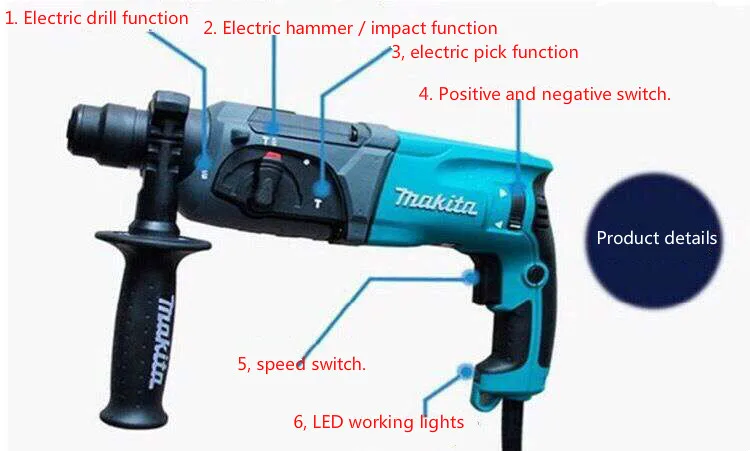 Перфоратор Makita HR2470F, ударная дрель, ручная дрель, Кирка, светильник трехцелевой, многофункциональный, светодиодный светильник s