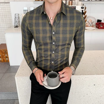 

British Style Autumn Winter Shirt Men Classic Fashion Plaid Shirts Men Long Sleeve Casual Men's Social Shirts Slim Fit Tuxedo