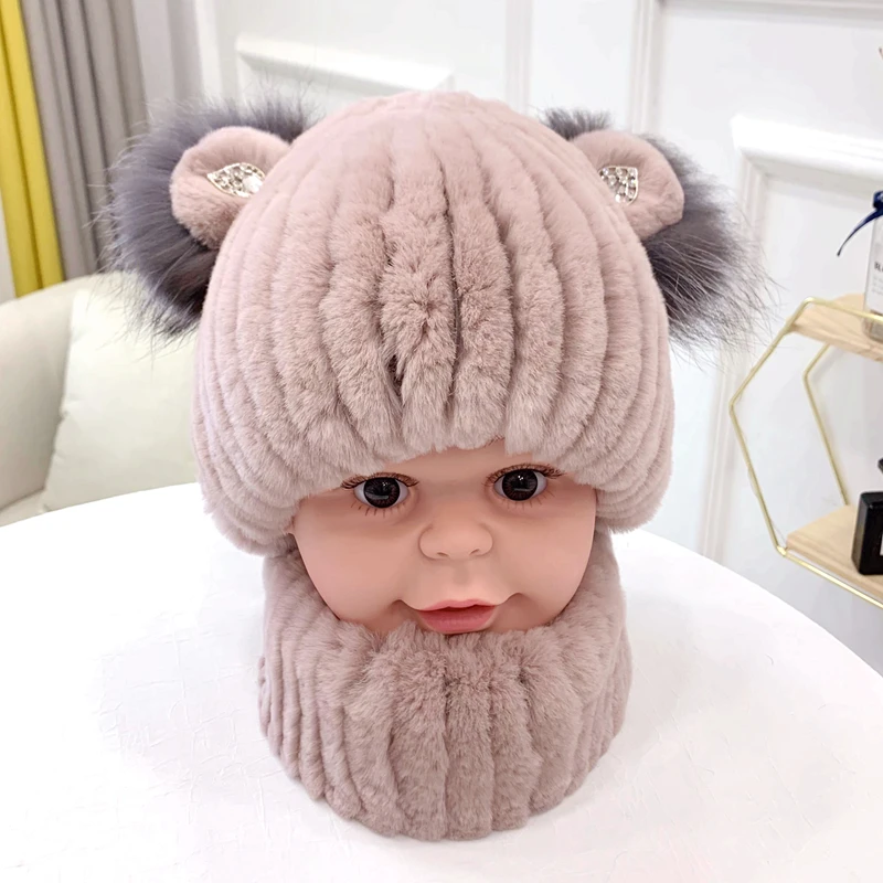 chapeau-en-vraie-fourrure-de-lapin-rex-pour-femme-chapeau-chaud-bonnet-pour-enfants-garcons-et-filles-ensemble-d'echarpe-en-fourrure-pour-bebe-casquette-douce-et-moelleuse