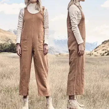 

2020 Celmia Women's Vintage Jumpsuits Linen Dungarees Sleeveless Casual Loose Playsuits Solid Wide Leg Pants Plus Size Overall 7