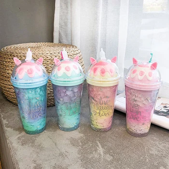 

430ml Ice Cup Coffee Juice Milk Straw Cup Sippy Bottle Cool Summer Water Cup Cut Cat Double Layer Plastic Cup Student Drinkware