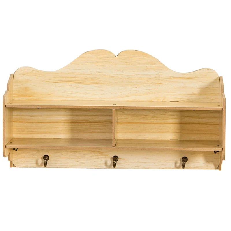 

Wall-Hung Type Wooden Decorative Shelf Sundries Storage Box Hanger Organizer Key Rack Wood Wall Shelf with Hooks Multi-Functiona