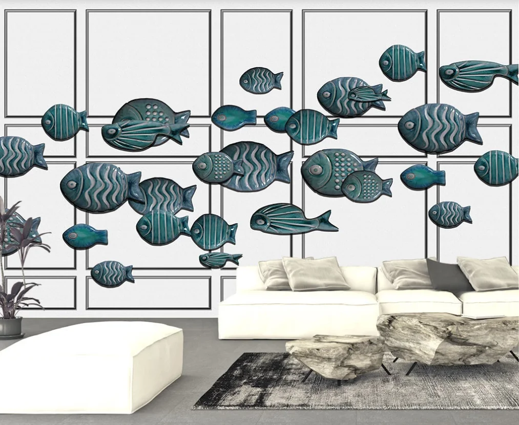 

Custom mural wallpaper 3D5D8D blue relief swimming fish geometric lines stereo TV background wall