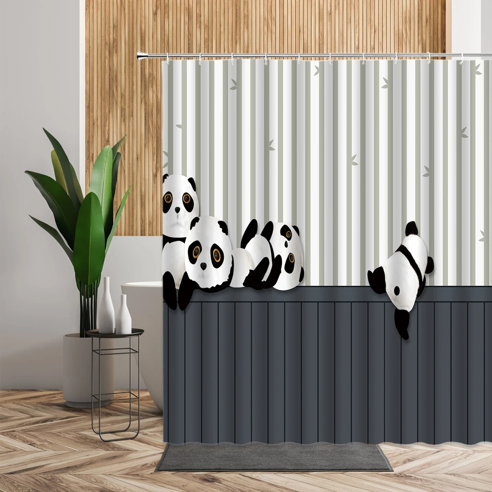 Cartoon Panda Couple Shower Curtain Bathroom Decor Fabric & 12hooks 71x71in 