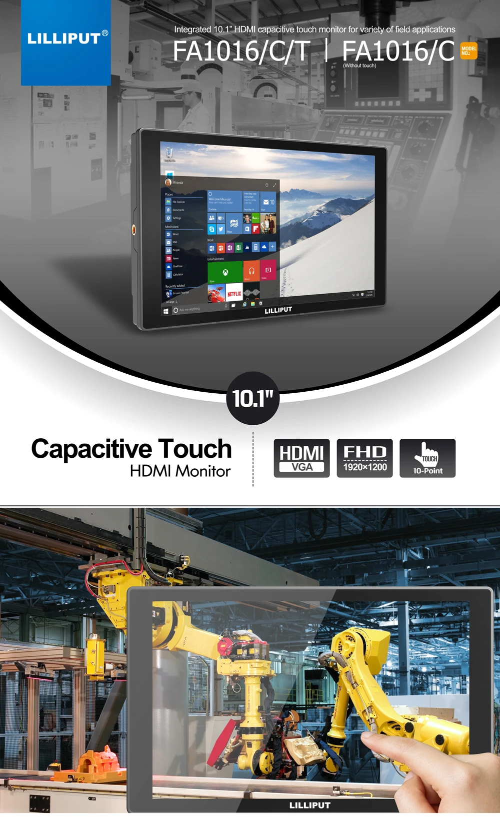 Description Picture 2 of itemLILLIPUT FA1016 /C/T 10.1" IPS FHD 1000:1 Capacitive Mutli-Touch Monitor HDMI/VGA Support 4K 30Hz Glass+Glass Technology