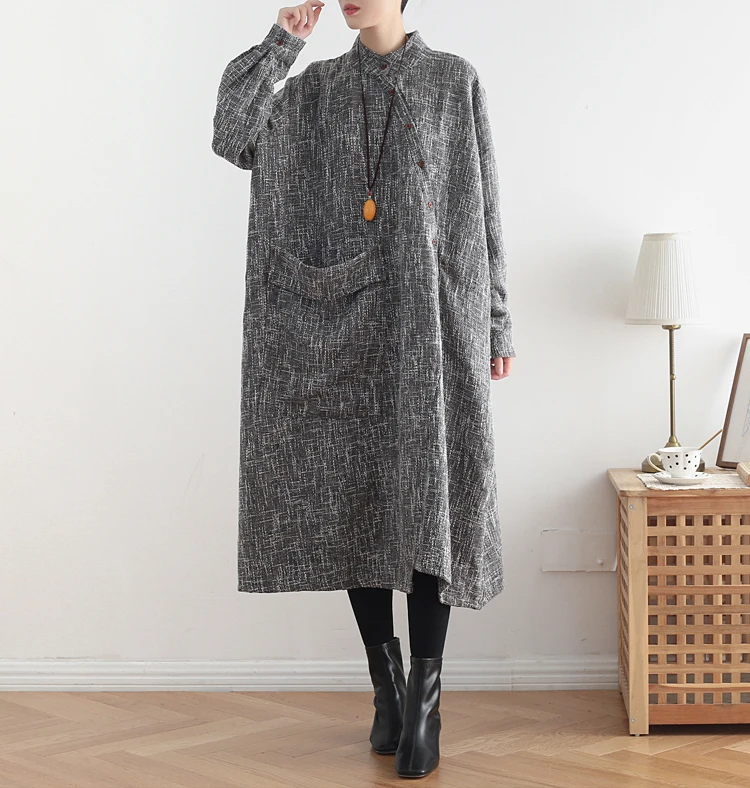 Винтажный халат серого цвета с длинными рукавами женские платья с воротником-стойкой осенне-зимние женские хлопковые и льняные платья с пуговицами - Цвет: Gray