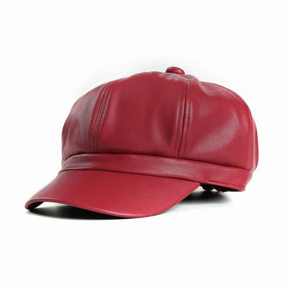 wine red Женская Винтаж восьмиугольная Кепки из искусственной кожи; обувь для женщин и девушек берет Шапки Европы Стиль, однотонный цвет, теплая зимняя берет шляпу капот - Цвет: wine red