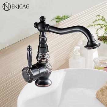 

Antique Vintage Bathroom Faucet Rotating Carved Basin Taps Single Handle Hot and Cold Single Hole Heighten Long Spout Sink Tap