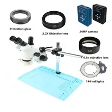 34MP цифровой видео HDMI usb-камера с микрофоном 3.5X-90X simul-focal тринокулярная стерео пайка Microscopio 144 светодиодные лампы