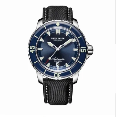 Reef Tiger/RT супер светящиеся часы для дайвинга 200 м Водонепроницаемые Мужские аналоговые автоматические часы с синим циферблатом нейлоновый ремешок RGA3035 SINOWATCH - Цвет: black blue
