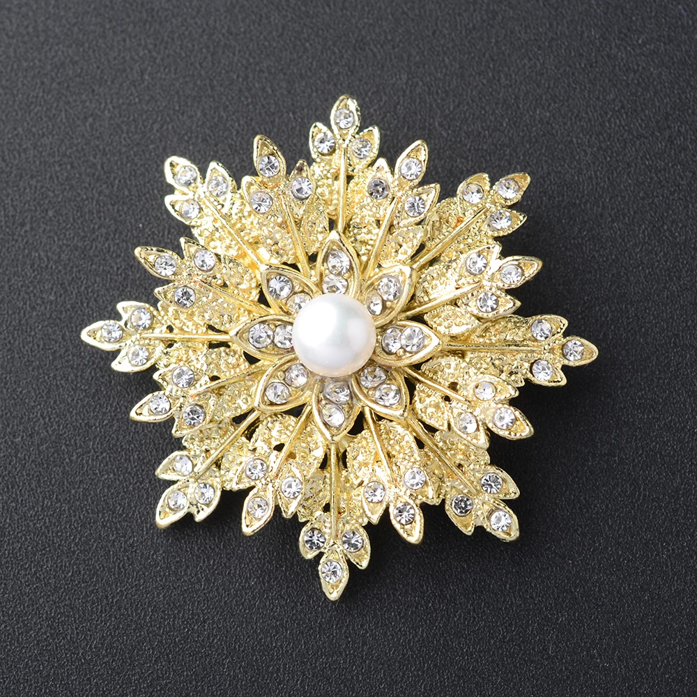 

Women's Cz Gold Color Plated Snowflake With Pearl Crystal Brooches
