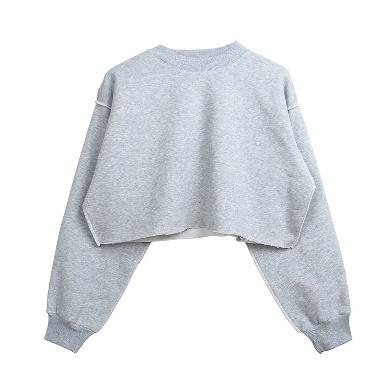 light gray Осенняя хлопковая толстовка, флисовый укороченный топ с длинными рукавами и наружным замком, одноцветная Женская толстовка, свободная спортивная Женская толстовка - Цвет: light gray