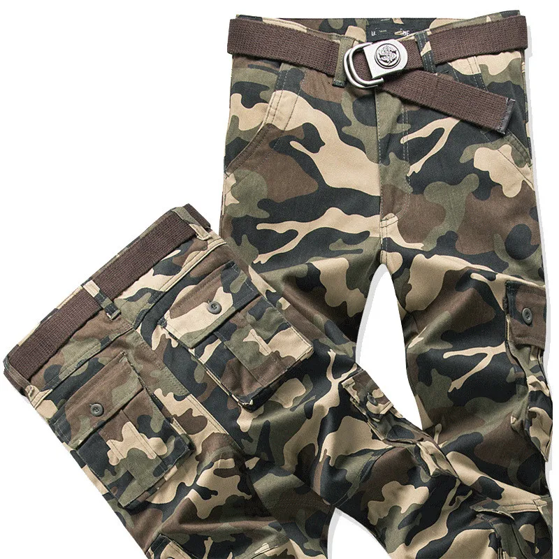 Men Spring Autumn Cargo Pants Casual Pure Cotton Multi Pockets Straight Slacks