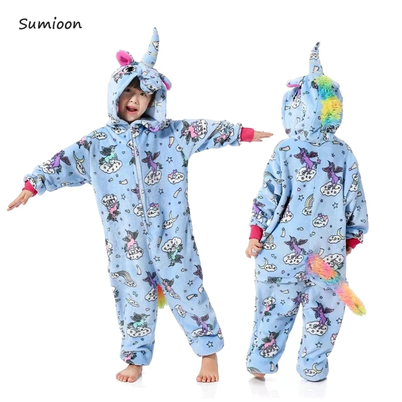 Пижамы кигуруми, детские пижамы с единорогом и животными для мальчиков и девочек, детские пижамы, зимние комбинезоны, одежда для сна для детей 4, 8, 10, 12 лет - Цвет: Blue sky horse