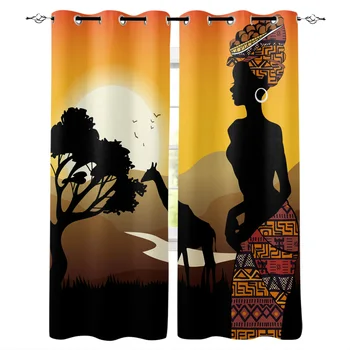 

African Woman Giraffe Silhouette Window Curtains Living Room Kitchen Curtains for Bedroom Left and Right Biparting Open Curtains