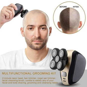 

5 In 1 4D Men's Rechargeable Bald Head Electric Shaver 5 Floating Heads Beard Nose Ear Hair Trimmer Razor Clipper Facial Brush