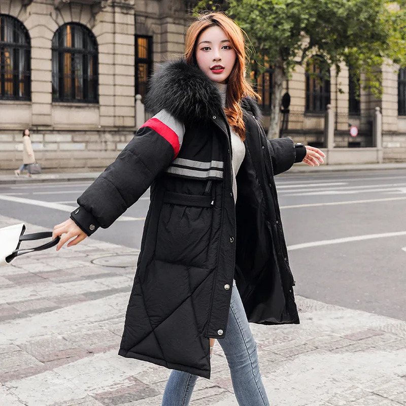 

Stripes Waist Hugging Dress Cotton-padded Clothes Cotton Coat Double Purpose Lace-up Waist Hugging Elegant Hooded Large Fur Coll