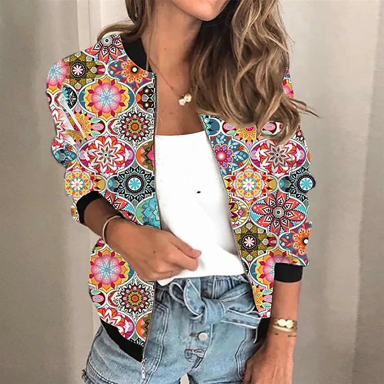 Chaqueta Hippie manga larga mujer, abrigo corto informal con cremallera, ropa de calle con estampado Floral Retro, de talla grande, para invierno - AliExpress Ropa mujer