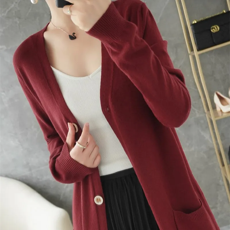 

Pocket Long Sleeve Loose Solid Knitted Sweater Coat Jumper With Casual Open Front Cardigan Women Sweaters