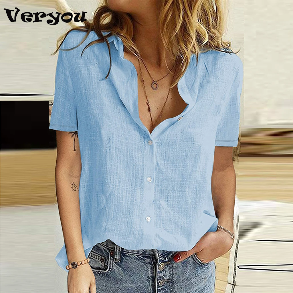 Blusa informal de manga corta con botones para verano, Camisa lisa con cuello vuelto para mujer, de talla grande, 2021