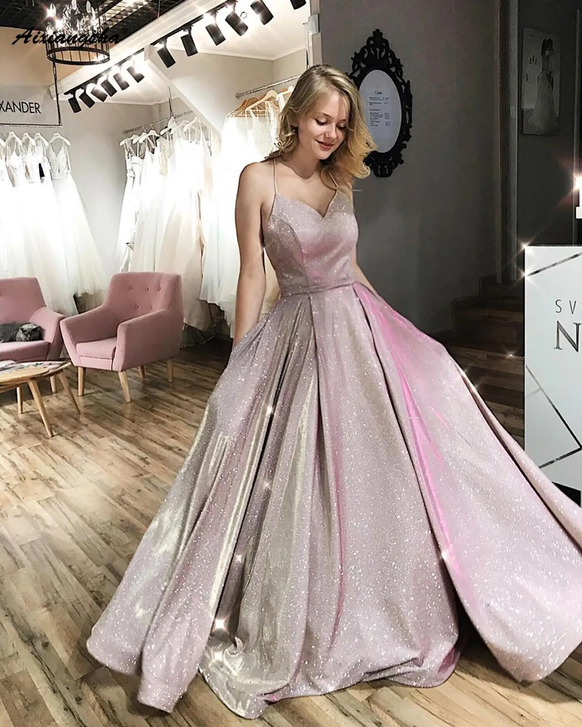 

Shining Prom Dresses 2019 A-Line Sequin Party Maxys Long Prom Gowns with Pockets Sexy Backless Evening Dress