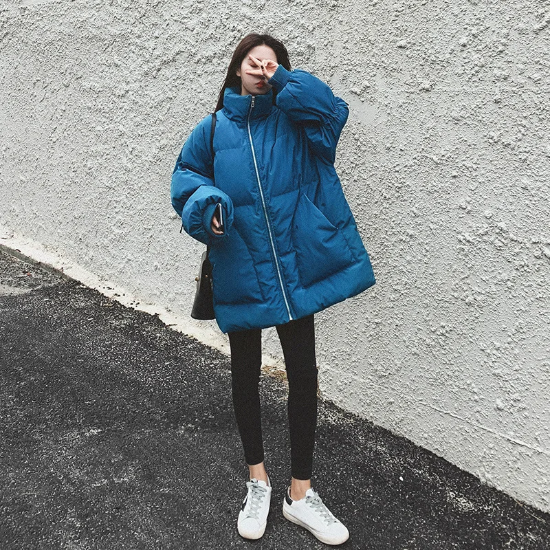 

2019 Winter Royal Blue down Coat Cotton Coat New Style Coat Stand Collar Drawstring Long Sleeve Loose-Fit Casual Cotton-padded C