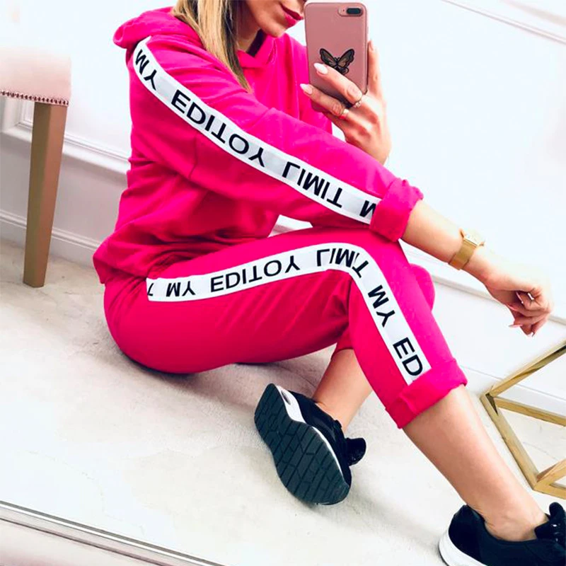 de ropa de dos piezas para mujer, chándal informal con letras, sudadera y pantalón, Otoño e de pantalón| - AliExpress