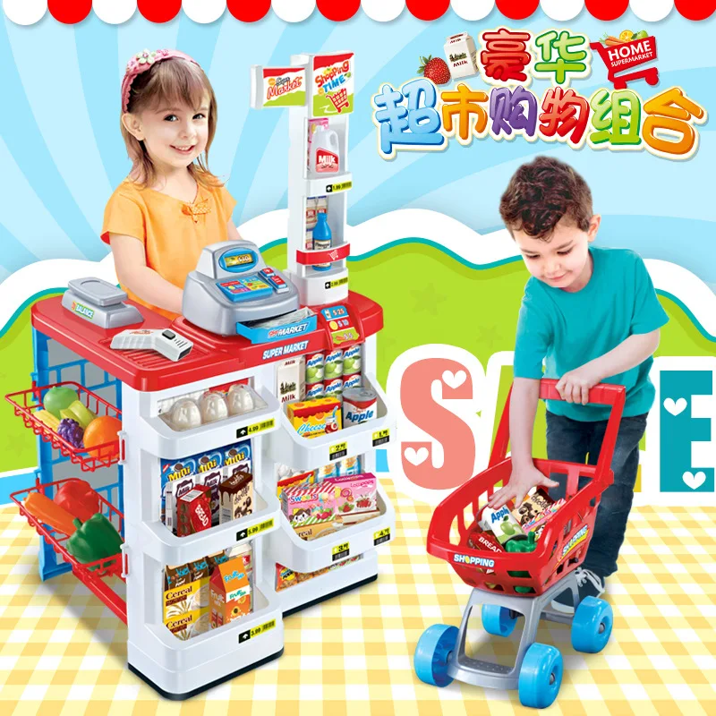 

Play House Children Kitchen Kitchenware Cooking Toy Workbench Fast Food Table Supermarket Stalls Shopping Cart Cash Register
