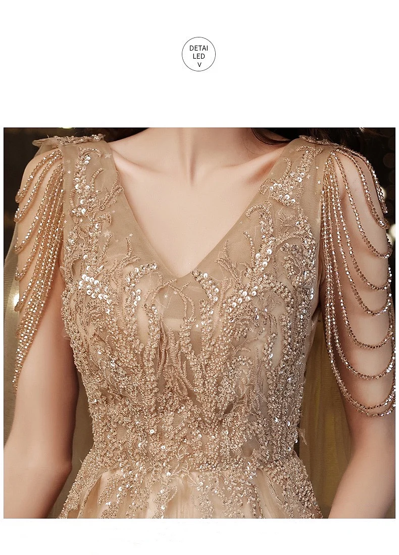 long sleeve prom dresses Champagne Gold Evening Dresses With Cape A Line Sexy V-neck A-line Shiny Luxury Beading  Shawl Formal Celebrity Prom Gowns New prom & dance dresses