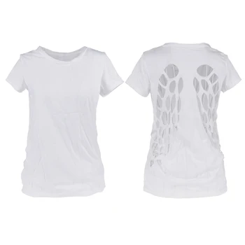 

Fashion t-shirt casual tops round neck ladies pierced angel wings design white