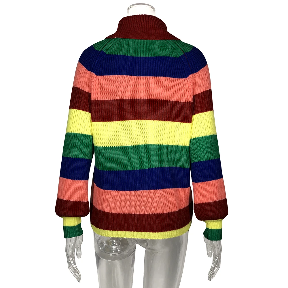 Свитер в разноцветную радужную полоску, Женские Повседневные свитера, осенняя мода, водолазка, трикотаж, свободные пуловеры, джемпер, Pull Femme