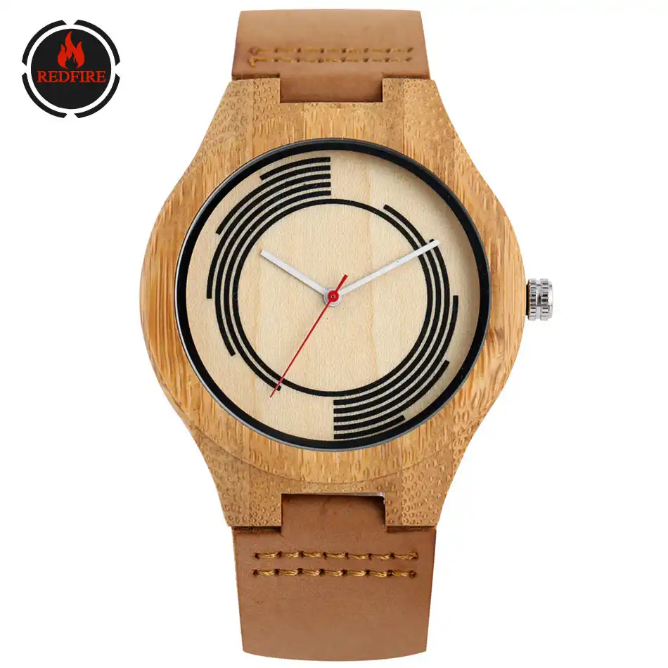 Redfireエコフレンドリー竹男性のためのクリエイティブデザインのラウンドダイヤルメンズ腕時計ブラック ブラウン本革メンズ腕時計時計 クォーツ時計 Aliexpress