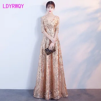 

2019 new s fashion long section banquet slim gold sequin dress female Ankle-Length V-Neck Zippers Solid